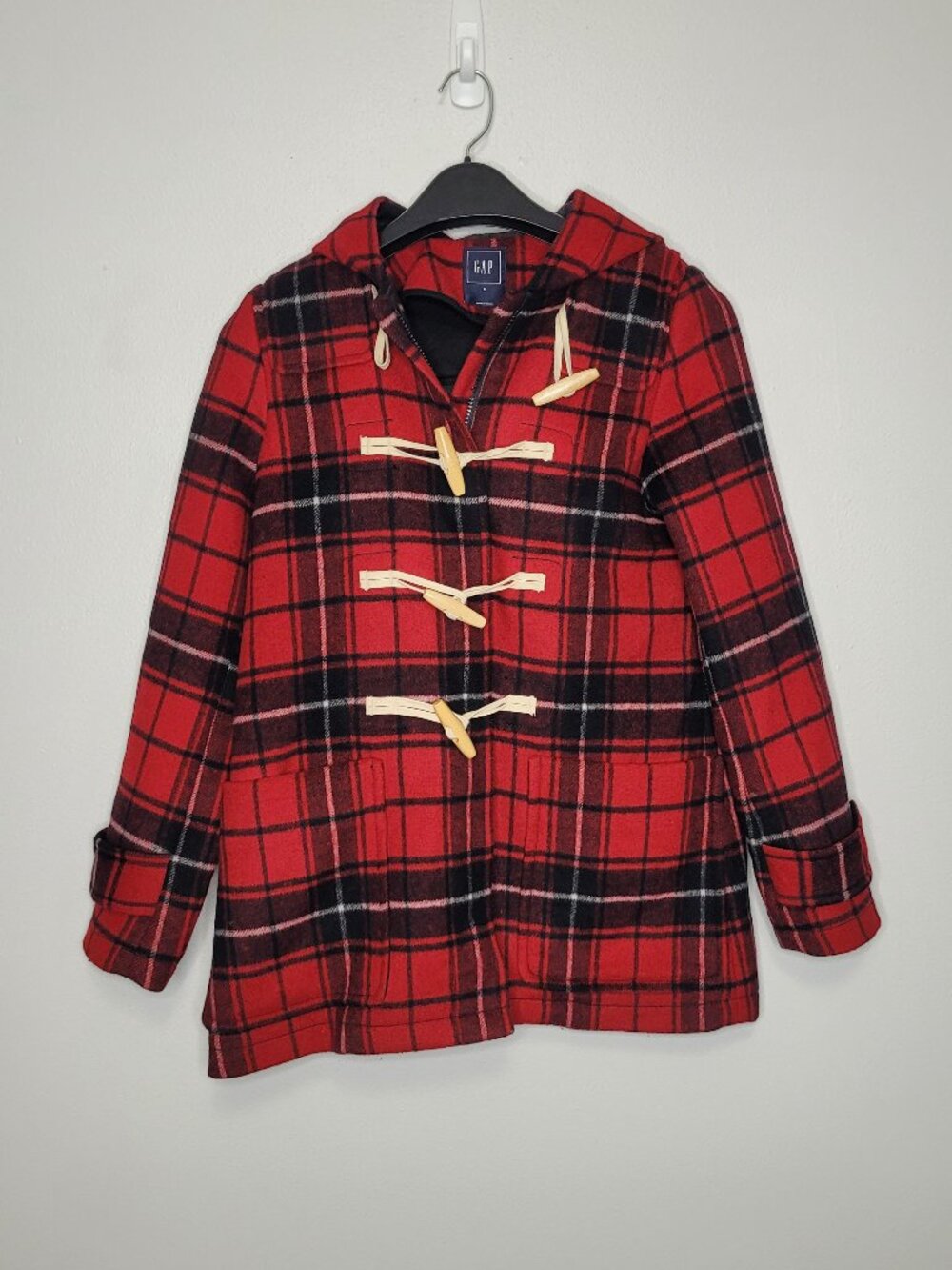 Gap black red plaid wool blend heavy preppy holiday jacket size small